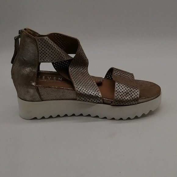 Steven Womens Klein Strappy Sandal Gold Leather‎ Perforated Back Zip Wedge 6M - Picture 2 of 9